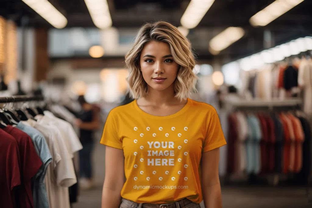 Woman Wearing Orange T-shirt Mockup Front View Template