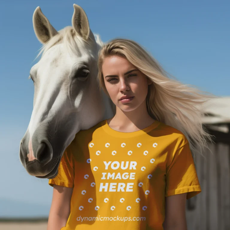 Woman Wearing Orange T-shirt Mockup Front View Template