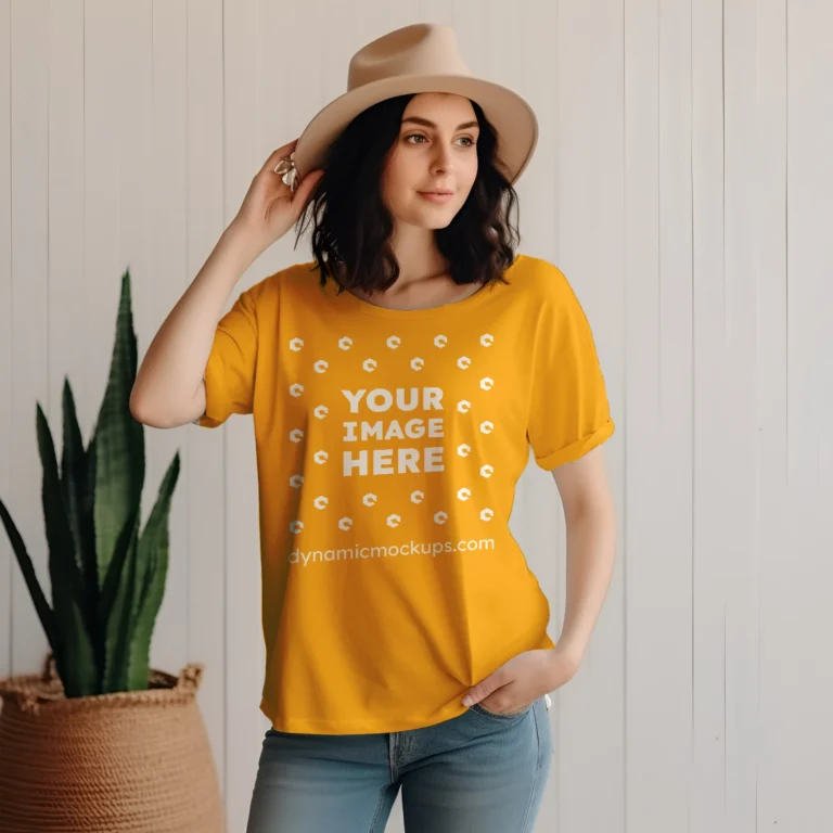 Woman Wearing Orange T-shirt Mockup Front View Template