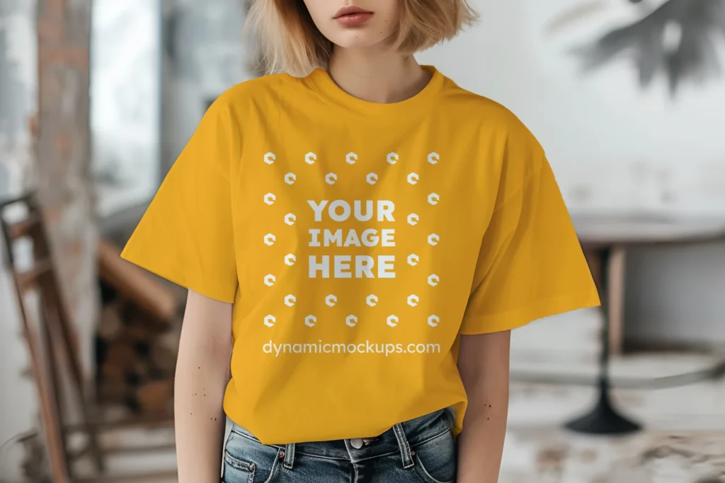 Woman Wearing Orange T-shirt Mockup Front View Template