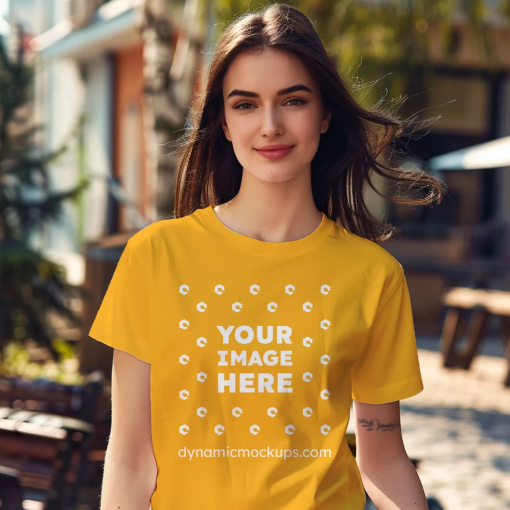 Woman Wearing Orange T-shirt Mockup Front View Template