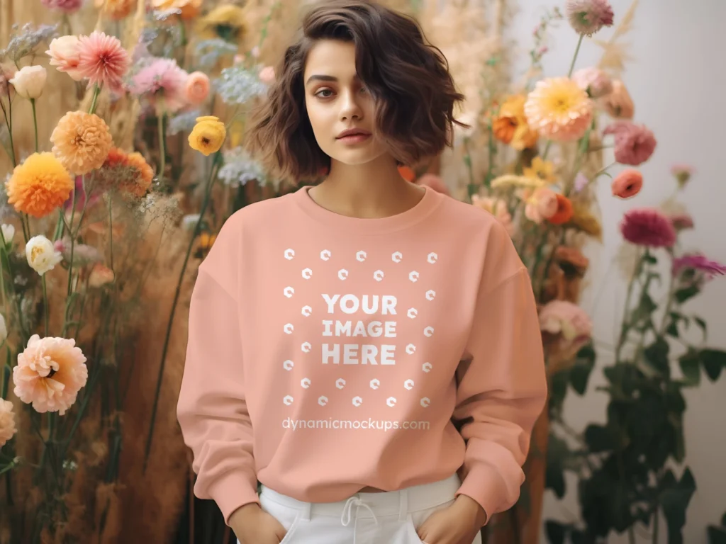 Woman Wearing Peach Sweatshirt Mockup Front View Template