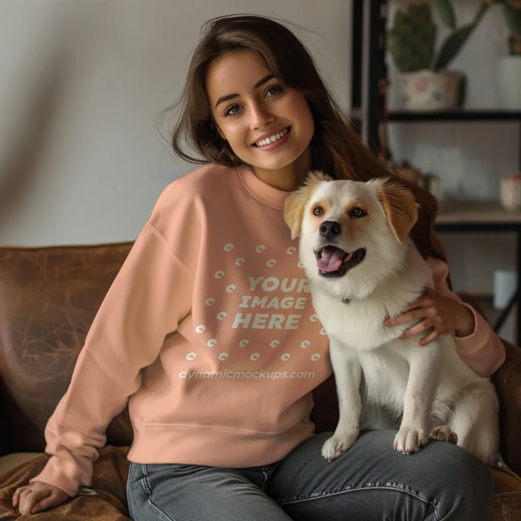 Woman Wearing Peach Sweatshirt Mockup Front View Template