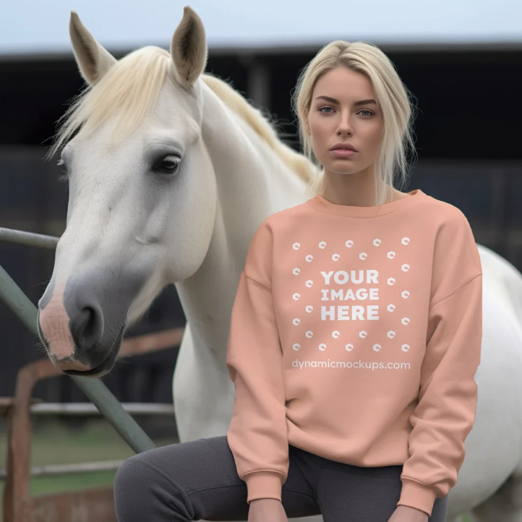 Woman Wearing Peach Sweatshirt Mockup Front View Template