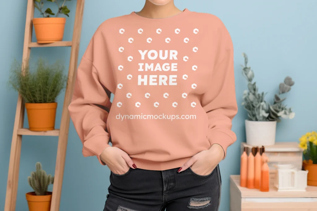 Woman Wearing Peach Sweatshirt Mockup Front View Template