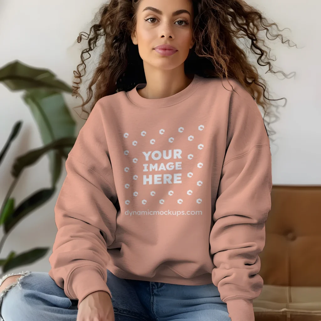 Woman Wearing Peach Sweatshirt Mockup Front View Template