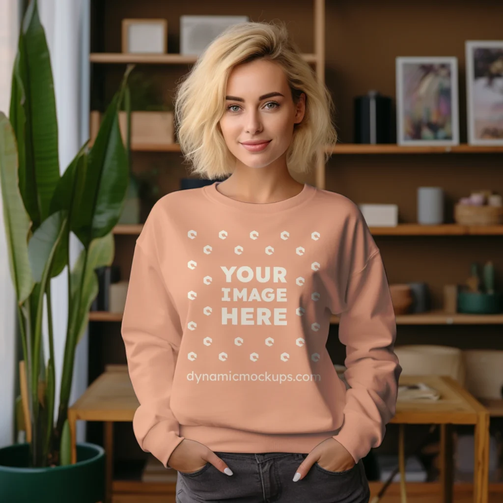 Woman Wearing Peach Sweatshirt Mockup Front View Template