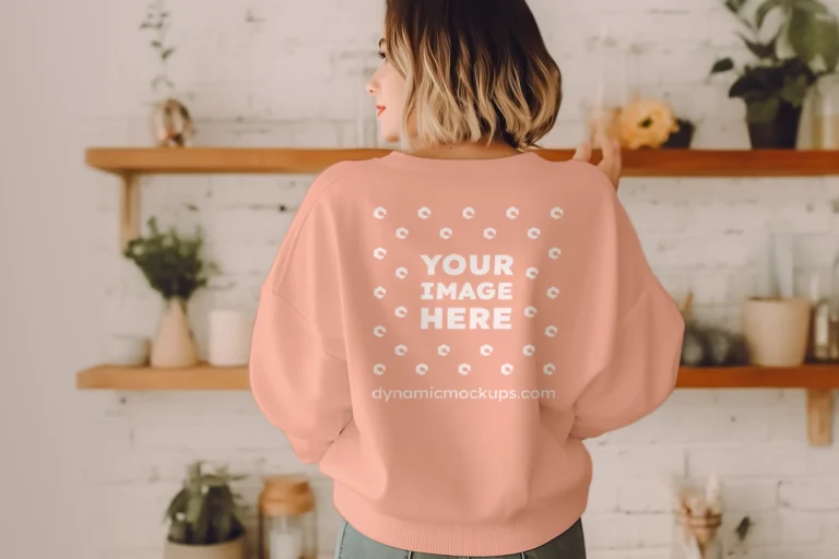 Woman Wearing Peach Sweatshirt Mockup Back View Template