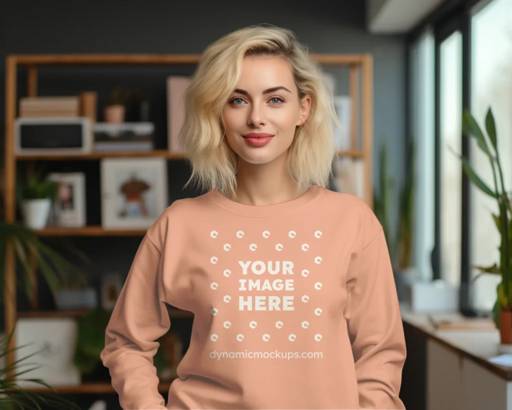 Woman Wearing Peach Sweatshirt Mockup Front View Template