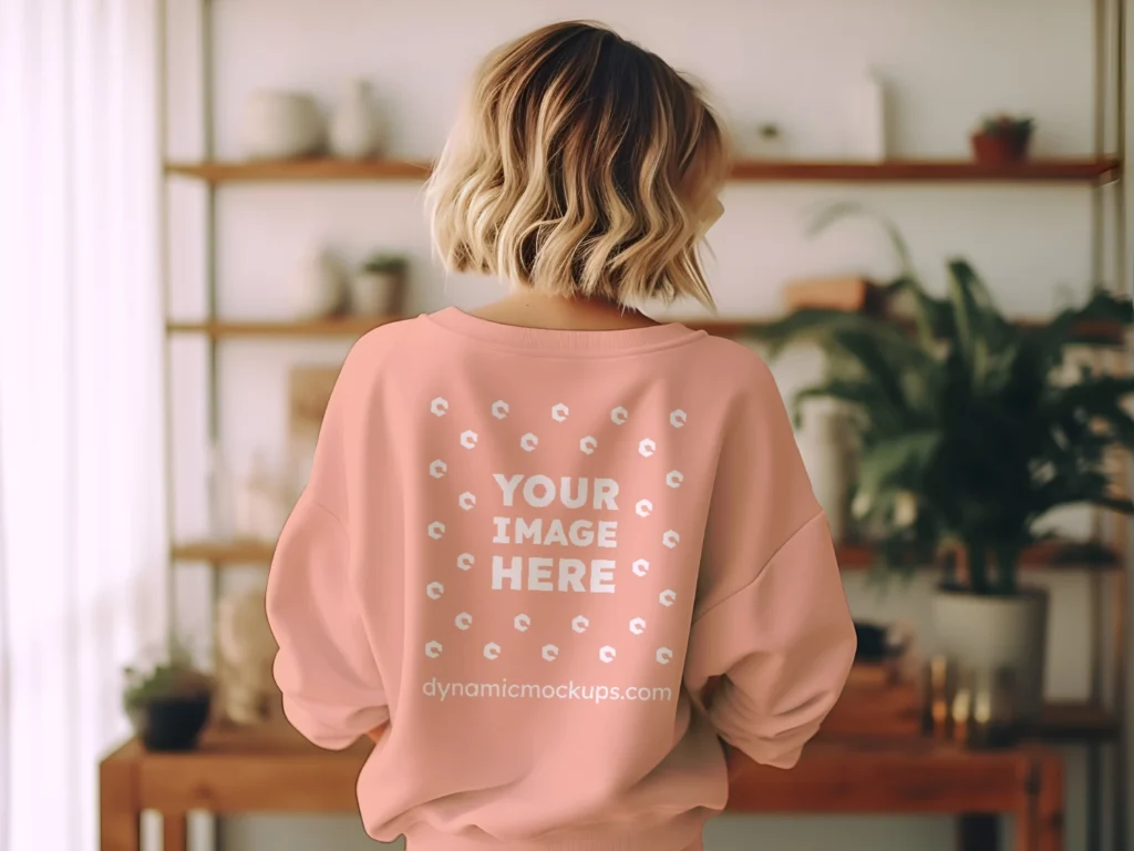 Woman Wearing Peach Sweatshirt Mockup Back View Template