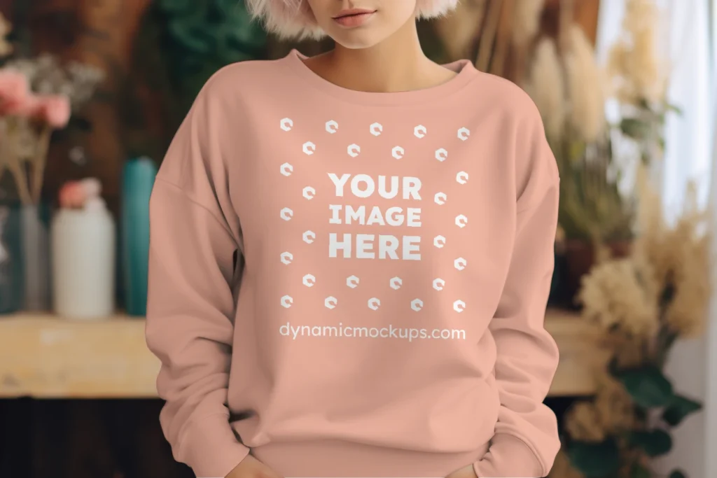 Woman Wearing Peach Sweatshirt Mockup Front View Template