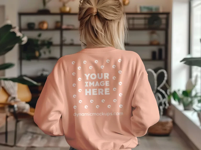 Woman Wearing Peach Sweatshirt Mockup Back View Template