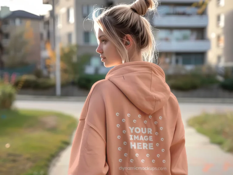 Woman Wearing Peach Hoodie Mockup Back View Template