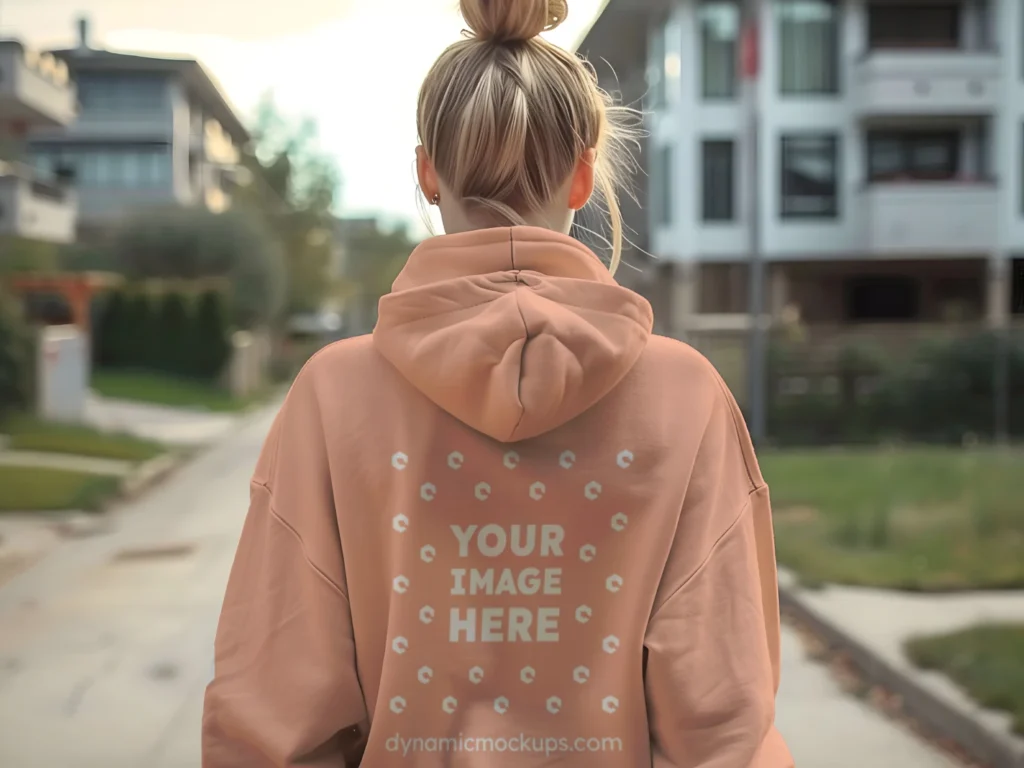 Woman Wearing Peach Hoodie Mockup Back View Template