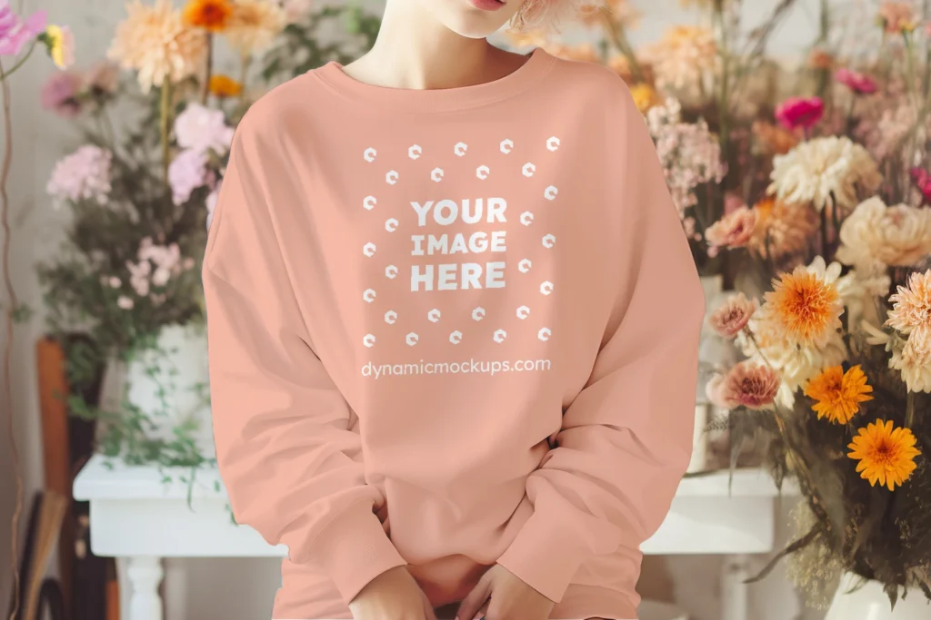 Woman Wearing Peach Sweatshirt Mockup Front View Template