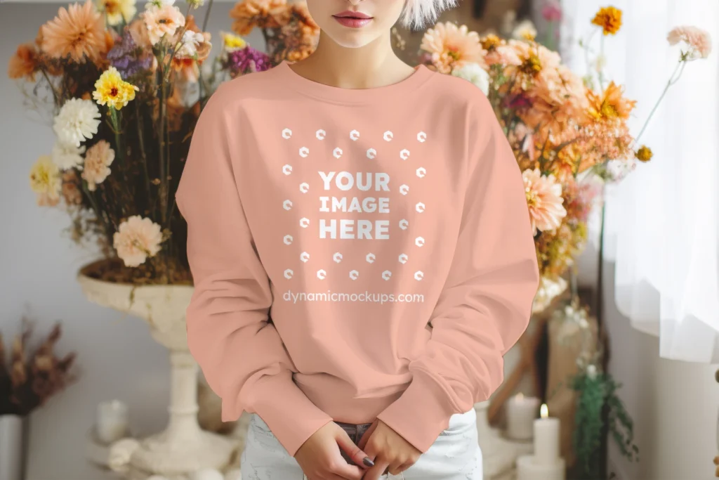 Woman Wearing Peach Sweatshirt Mockup Front View Template