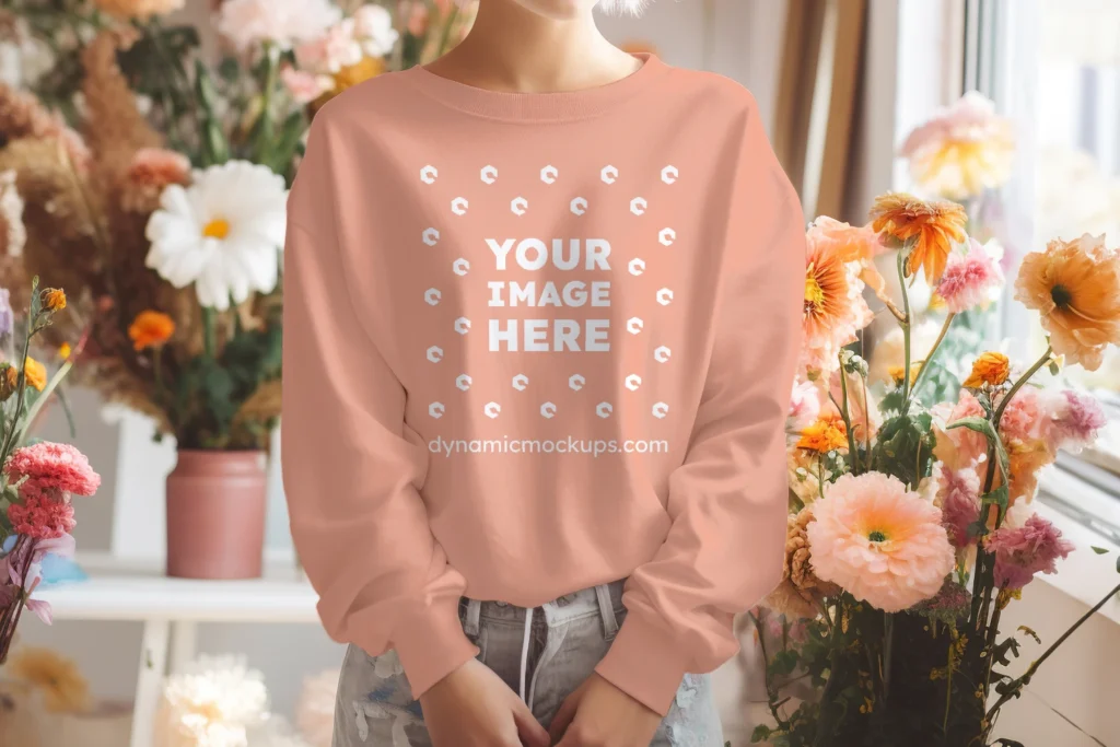 Woman Wearing Peach Sweatshirt Mockup Front View Template