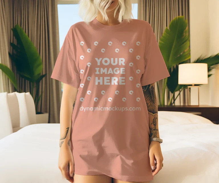 Woman Wearing Peach T-shirt Mockup Front View Template