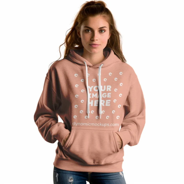 Woman Wearing Peach Hoodie Mockup Front View Template