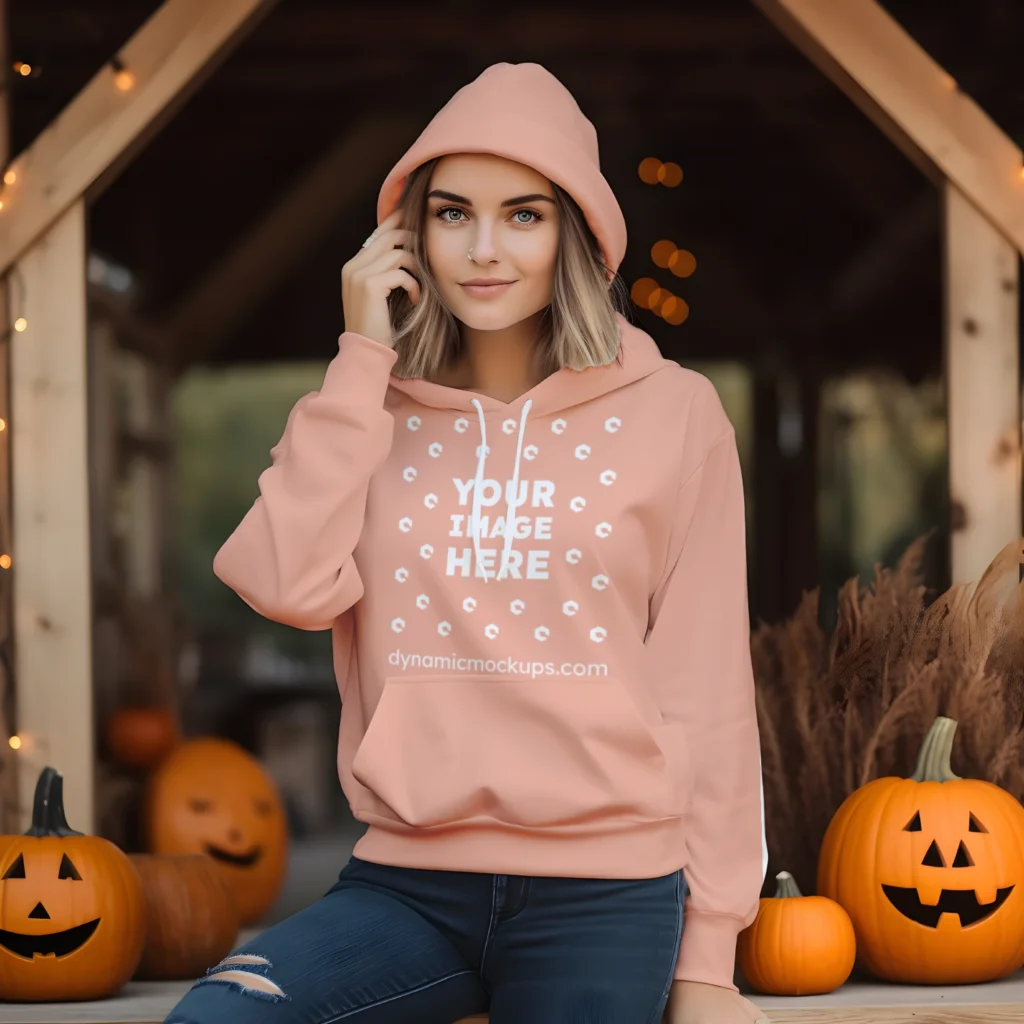 Woman Wearing Peach Hoodie Mockup Front View Template