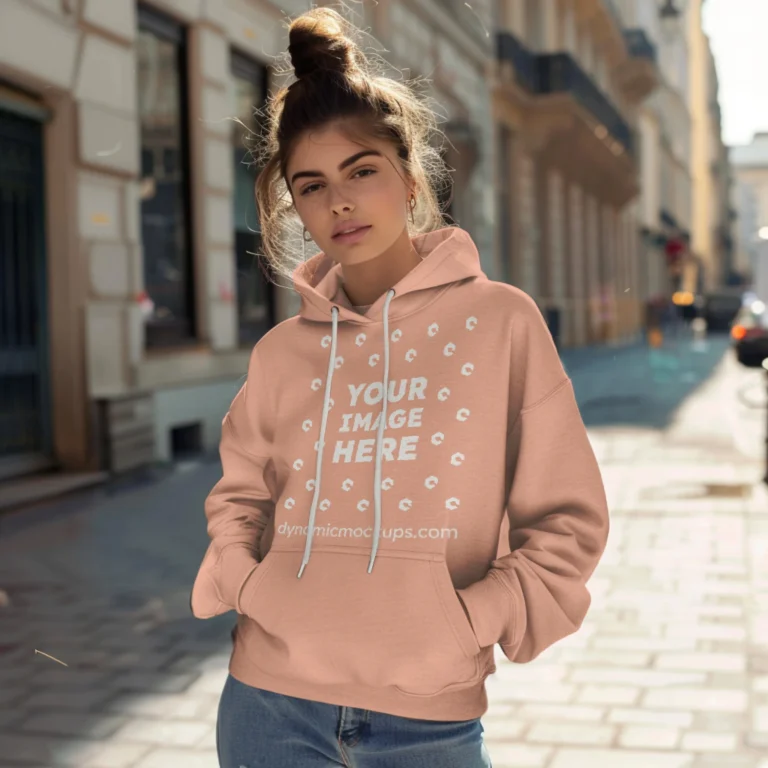 Woman Wearing Peach Hoodie Mockup Front View Template