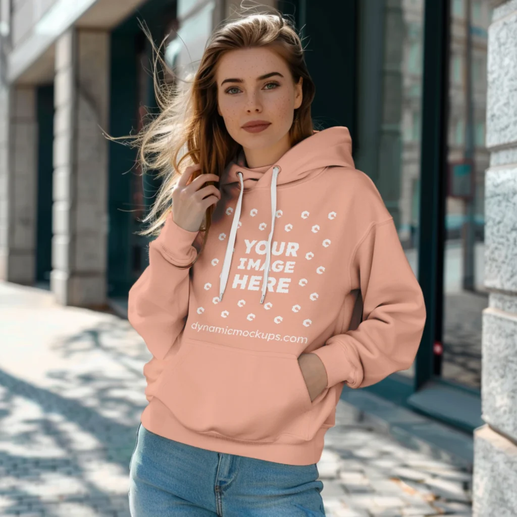 Woman Wearing Peach Hoodie Mockup Front View Template