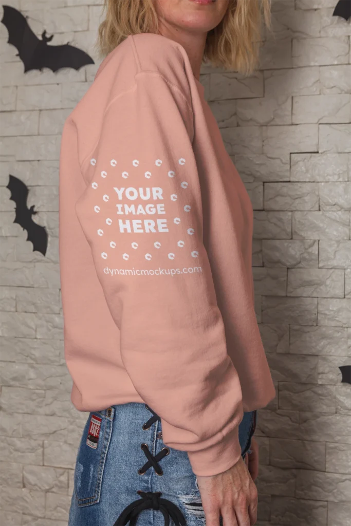 Woman Wearing Peach Hoodie Mockup Side View Template