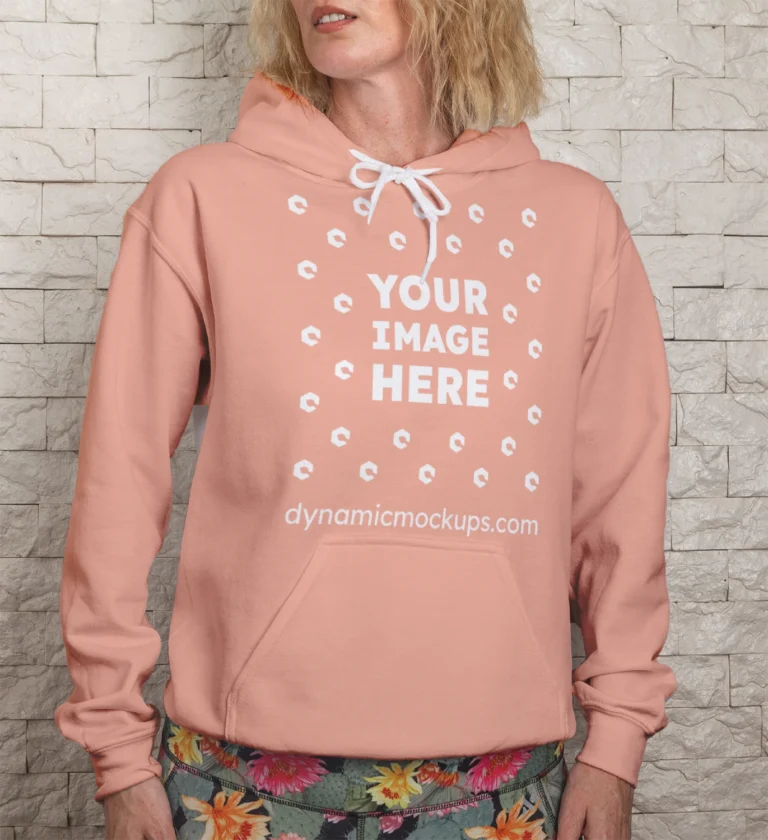 Woman Wearing Peach Hoodie Mockup Front View Template