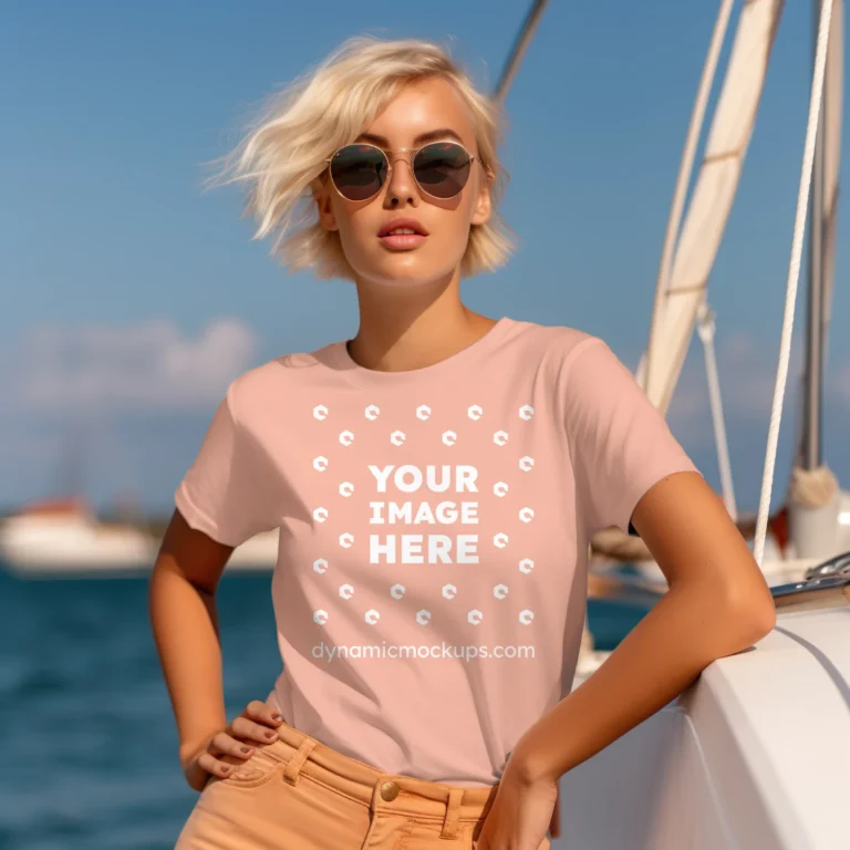 Woman Wearing Peach T-shirt Mockup Front View Template