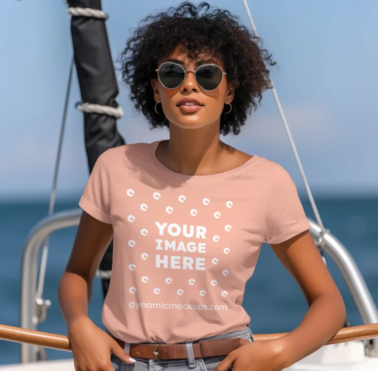 Woman Wearing Peach T-shirt Mockup Front View Template