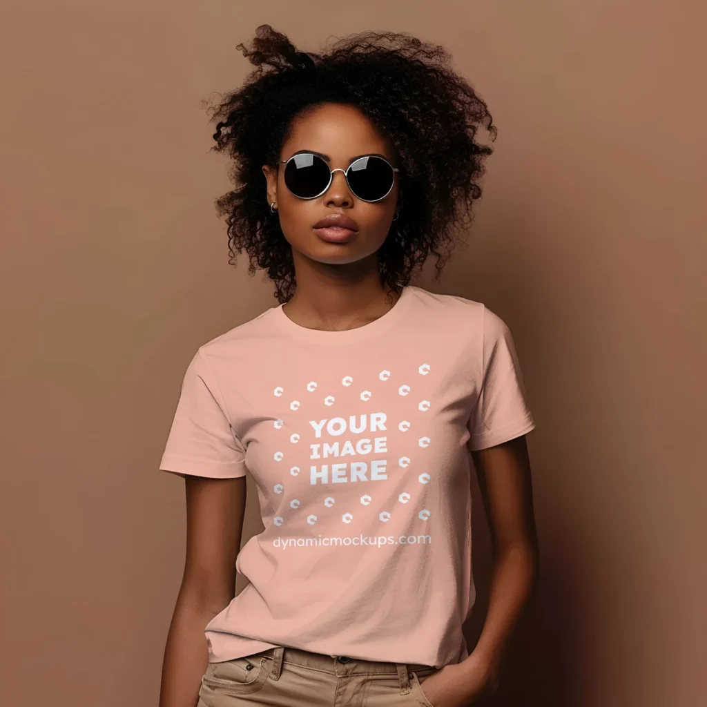 Woman Wearing Peach T-shirt Mockup Front View Template