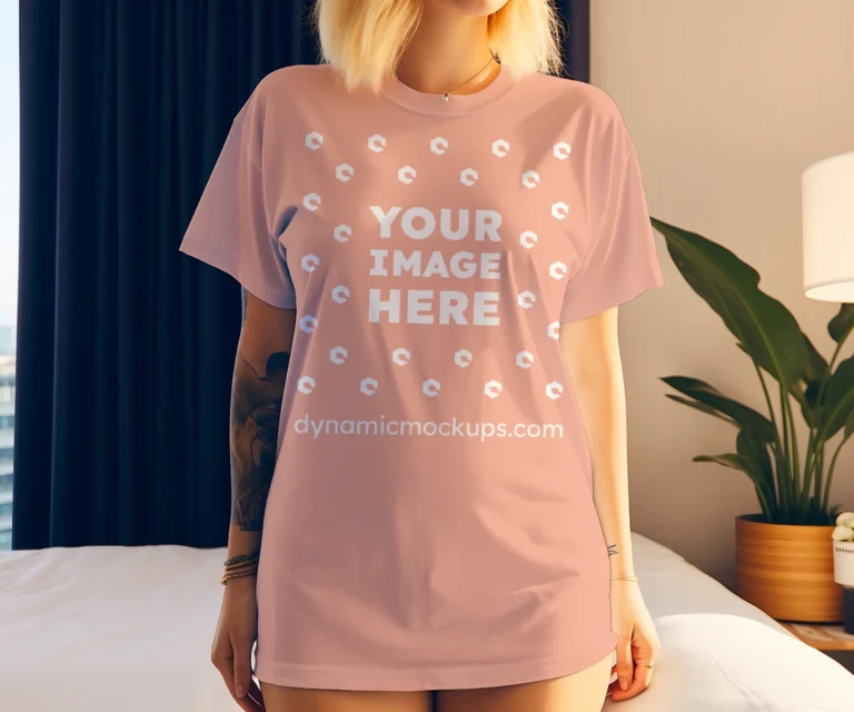 Woman Wearing Peach T-shirt Mockup Front View Template