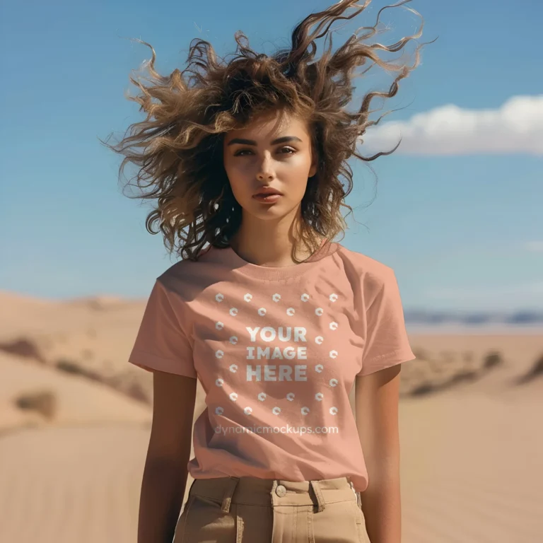 Woman Wearing Peach T-shirt Mockup Front View Template