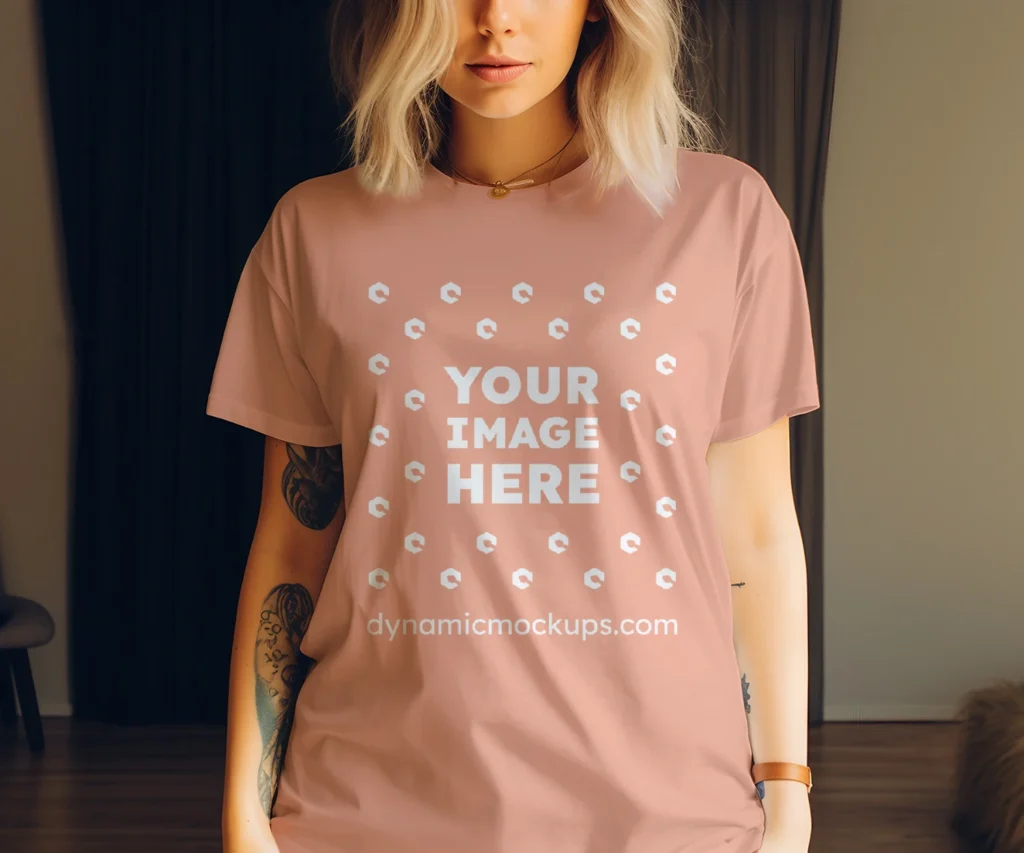 Woman Wearing Peach T-shirt Mockup Front View Template