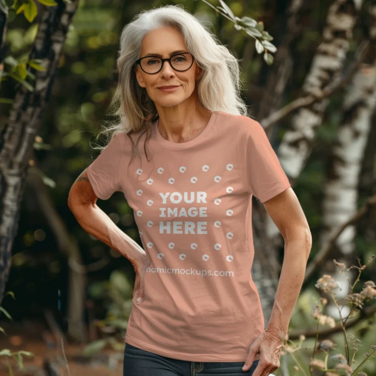 Woman Wearing Peach T-shirt Mockup Front View Template