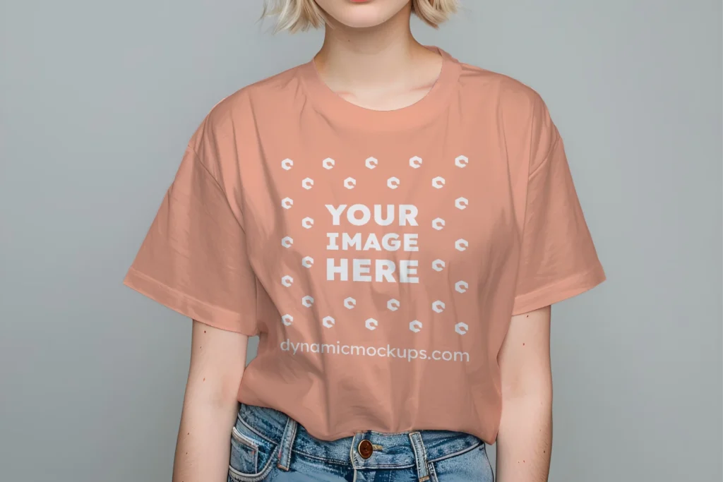 Woman Wearing Peach T-shirt Mockup Front View Template