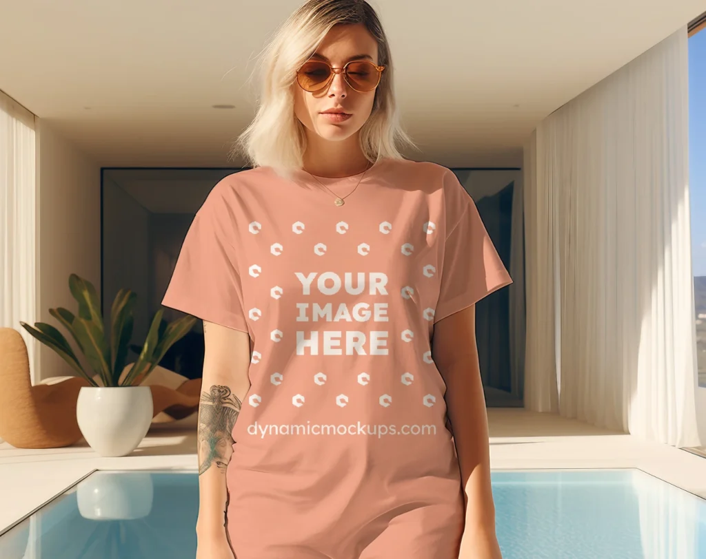 Woman Wearing Peach T-shirt Mockup Front View Template