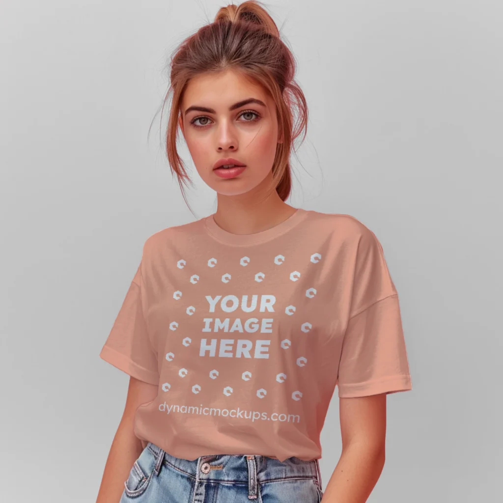 Woman Wearing Peach T-shirt Mockup Front View Template