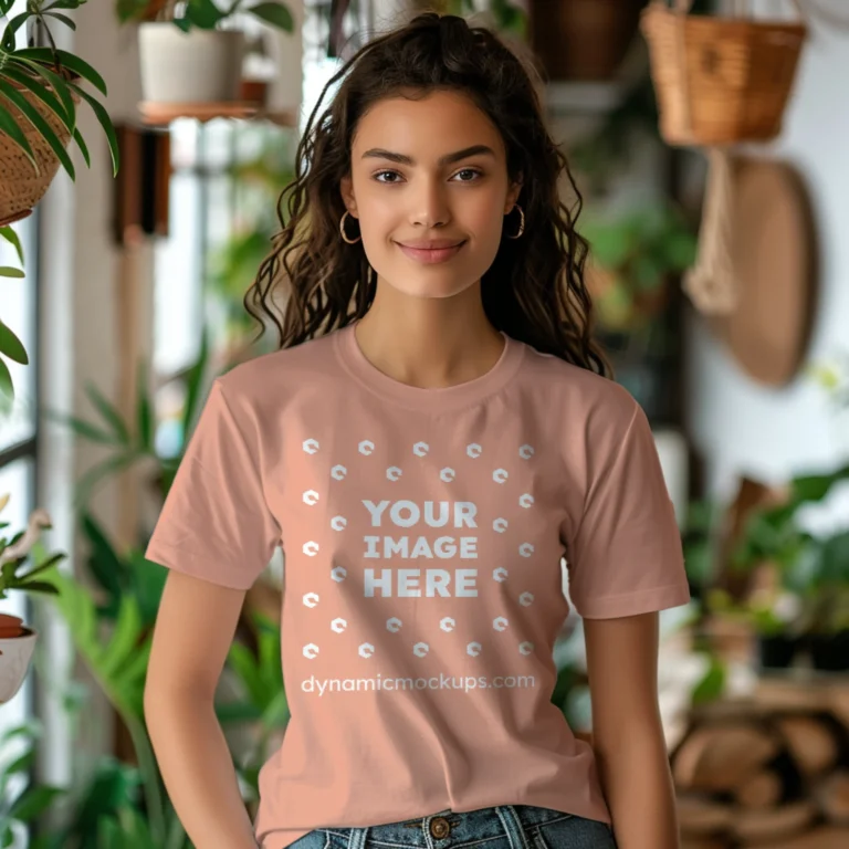 Woman Wearing Peach T-shirt Mockup Front View Template