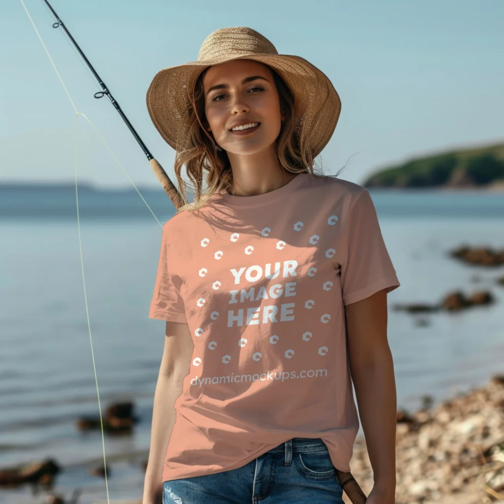 Woman Wearing Peach T-shirt Mockup Front View Template