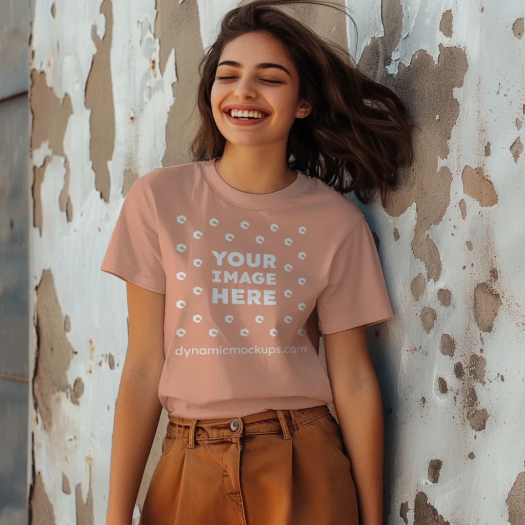 Woman Wearing Peach T-shirt Mockup Front View Template