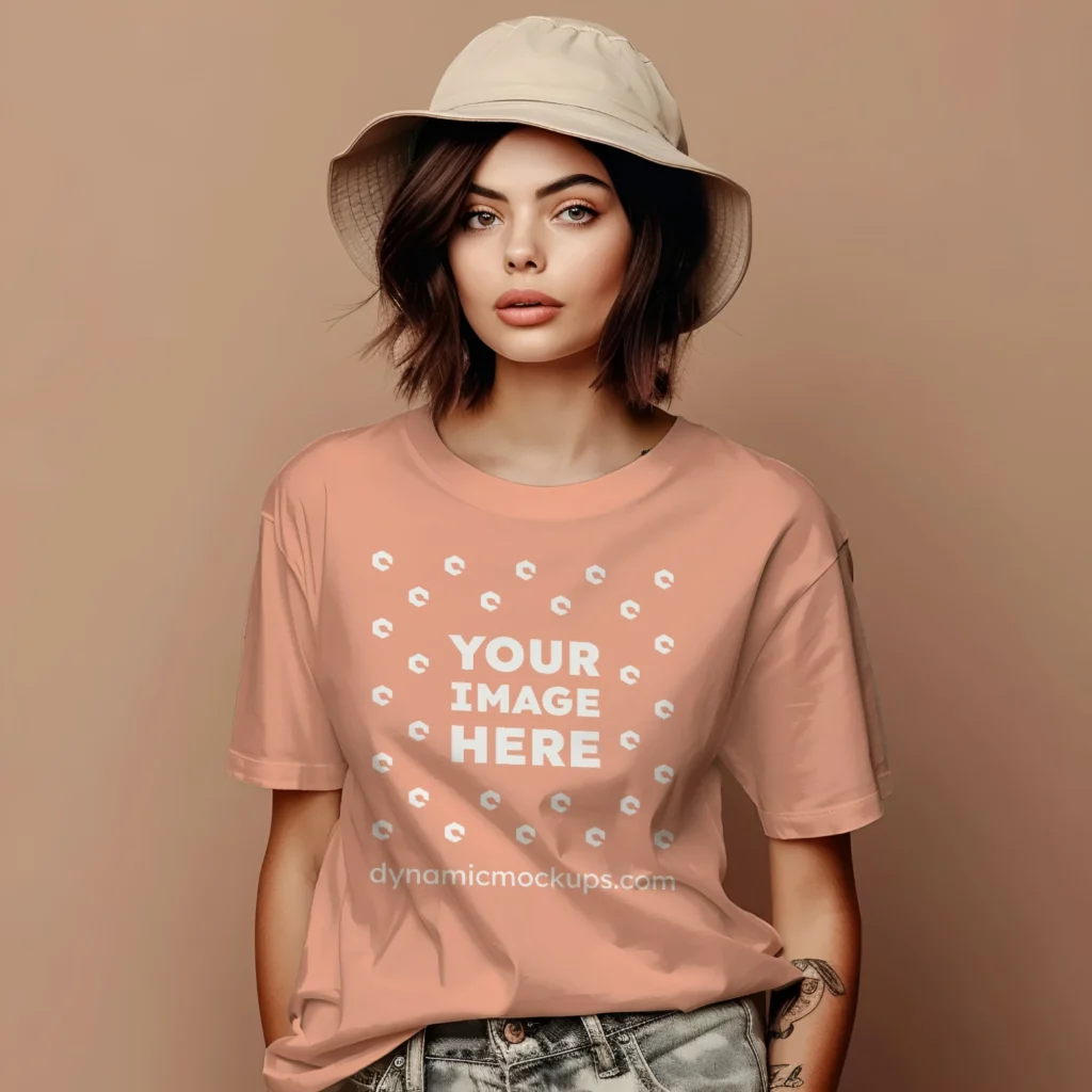 Woman Wearing Peach T-shirt Mockup Front View Template