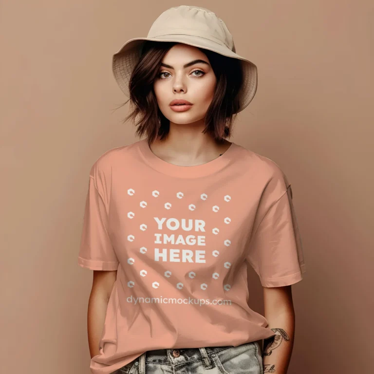 Woman Wearing Peach T-shirt Mockup Front View Template