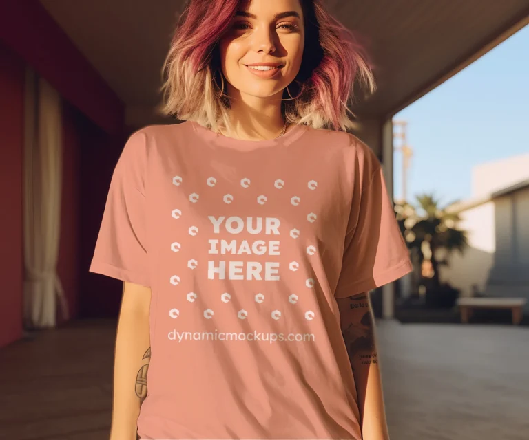 Woman Wearing Peach T-shirt Mockup Front View Template