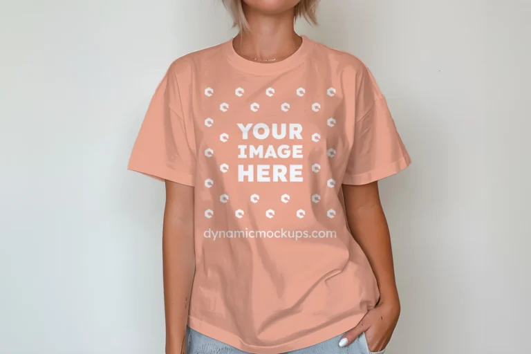 Woman Wearing Peach T-shirt Mockup Front View Template