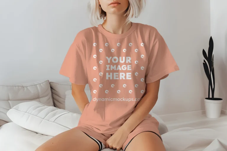 Woman Wearing Peach T-shirt Mockup Front View Template