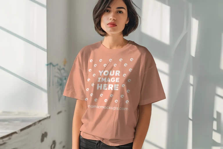 Woman Wearing Peach T-shirt Mockup Front View Template