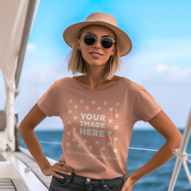 Woman Wearing Peach T-shirt Mockup Front View Template