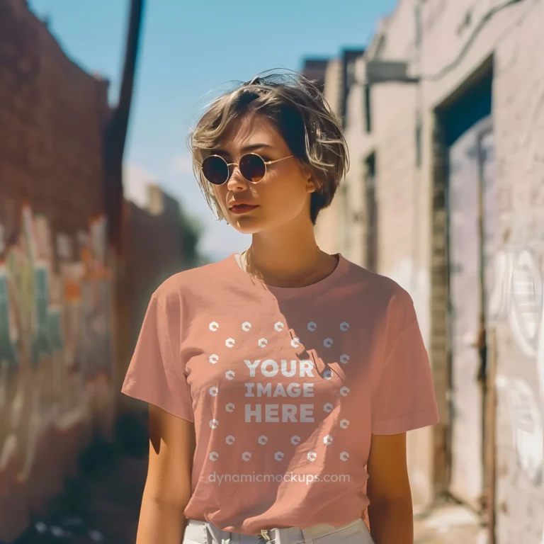 Woman Wearing Peach T-shirt Mockup Front View Template