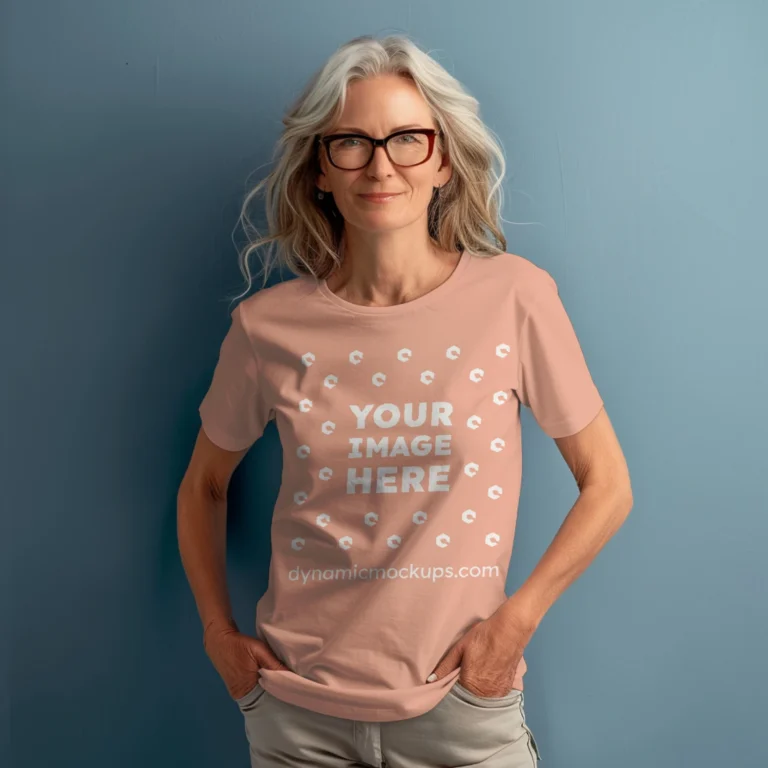 Woman Wearing Peach T-shirt Mockup Front View Template